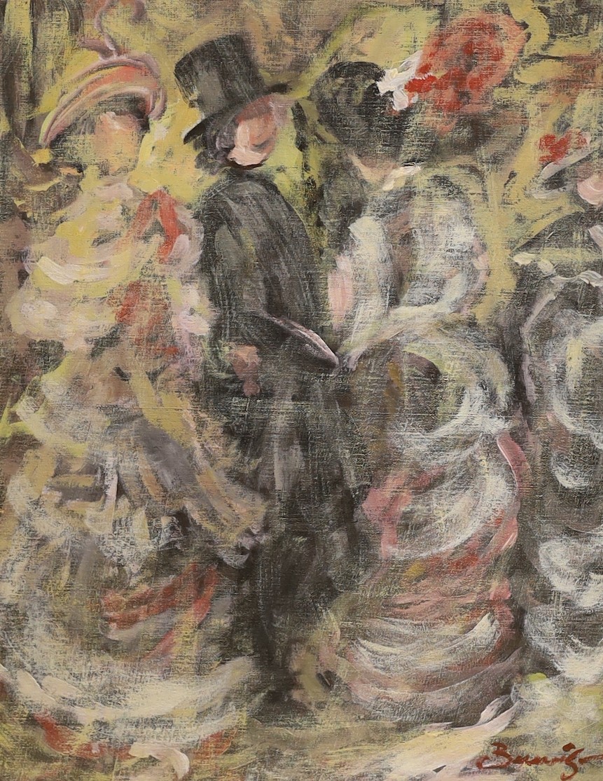 Walter John Beauvais (1942-1998), oil on canvasboard, Elegant figures in parkland, signed, 45 x 36cm